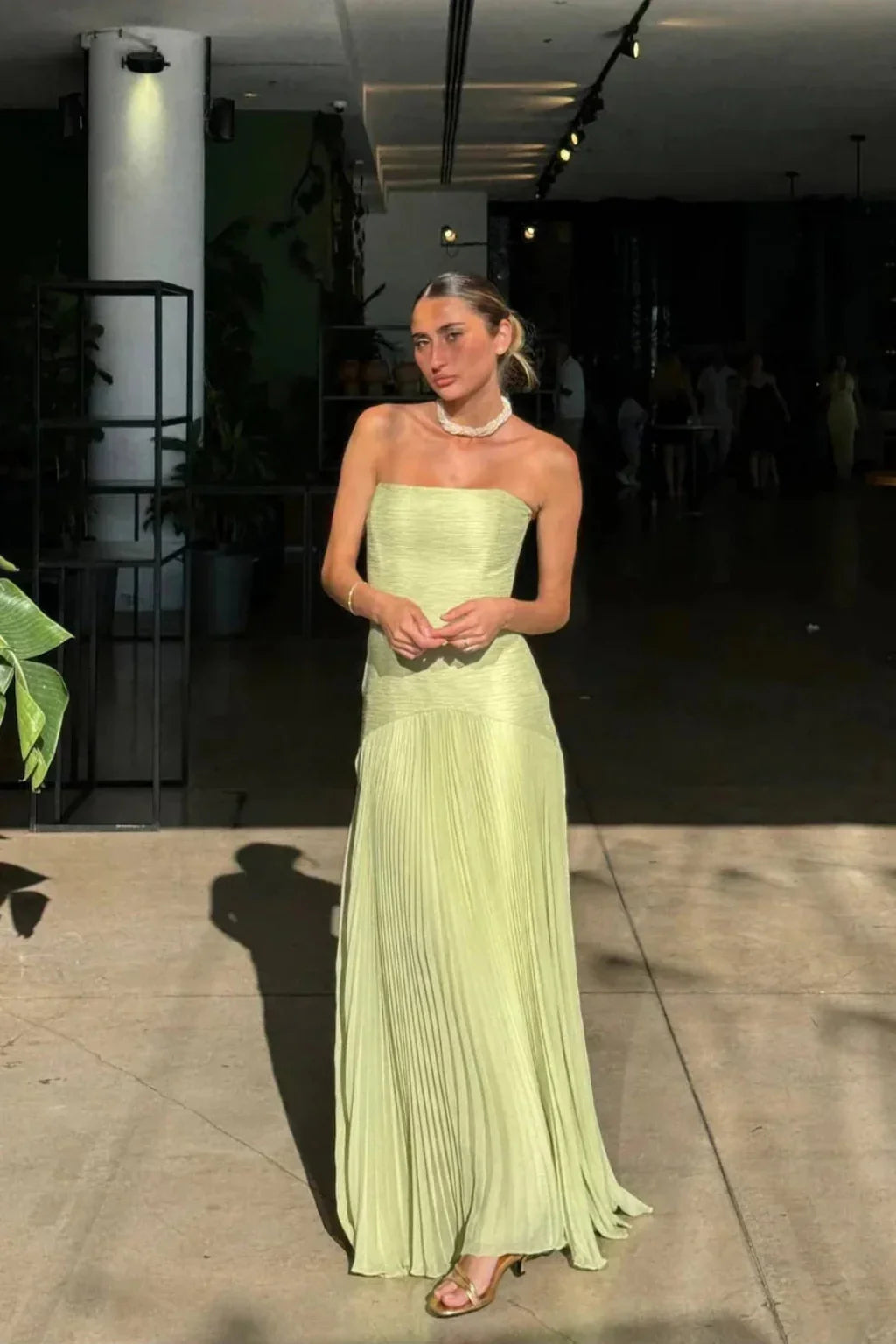 Isla | Pleated Strapless Wedding Guest Maxi Dress with Ruffle Hem