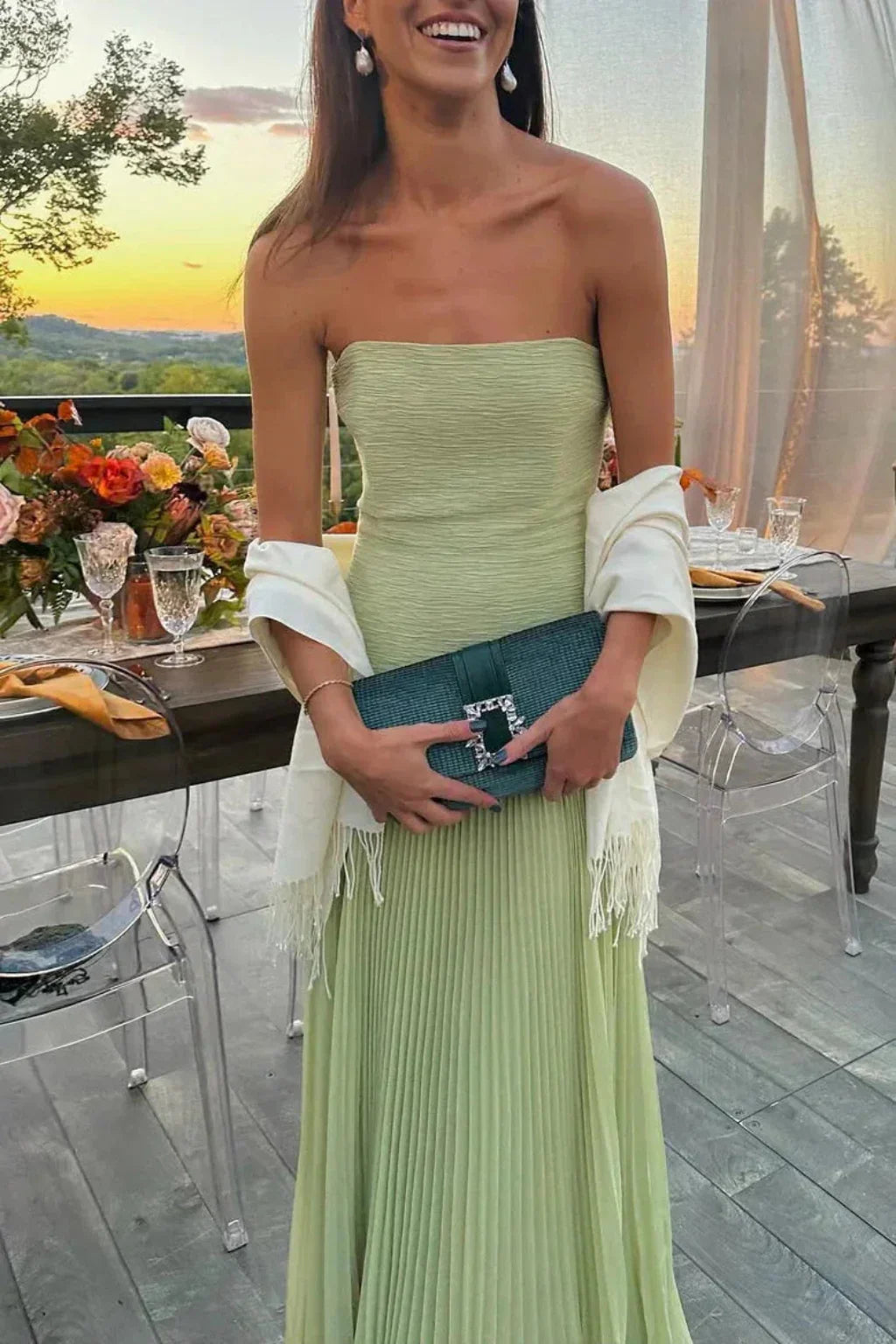 Isla | Pleated Strapless Wedding Guest Maxi Dress with Ruffle Hem
