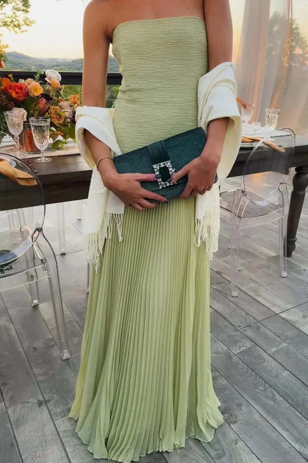 Isla | Pleated Strapless Wedding Guest Maxi Dress with Ruffle Hem