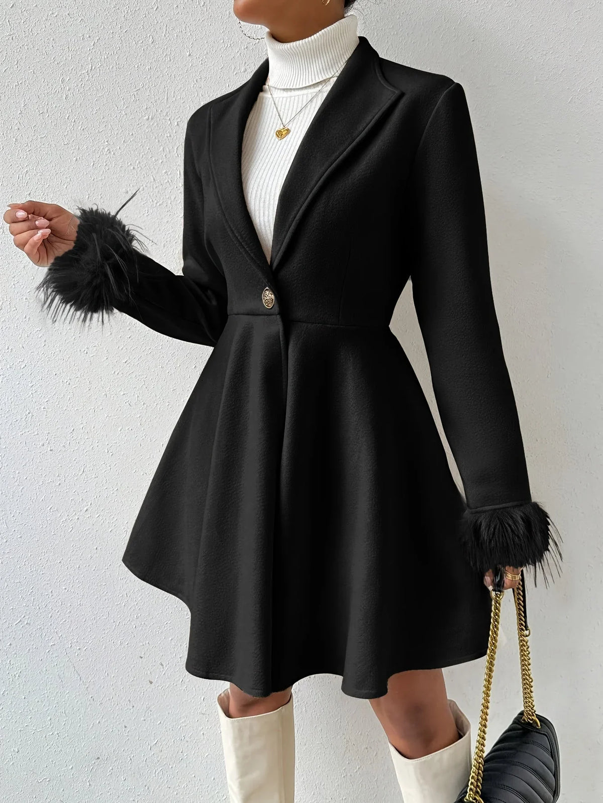 Isobel | A-Line Fur Coat with Notch Lapels and Single-Button Closure