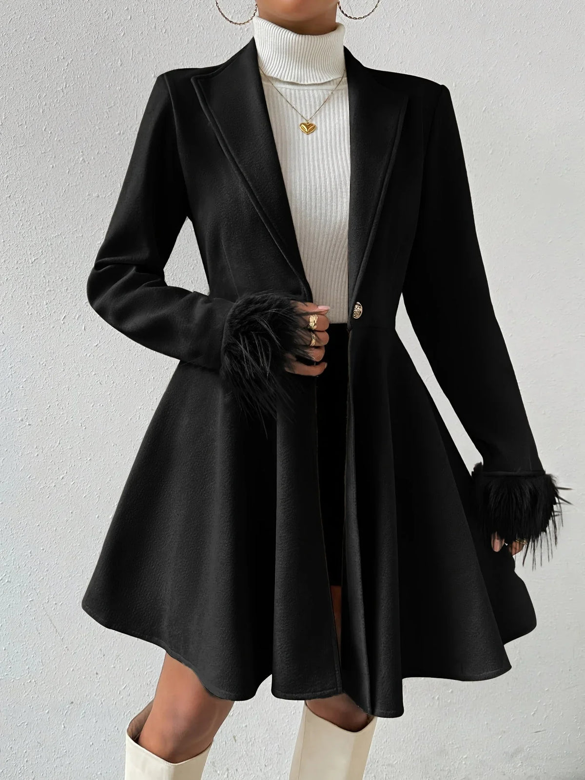 Isobel | A-Line Fur Coat with Notch Lapels and Single-Button Closure