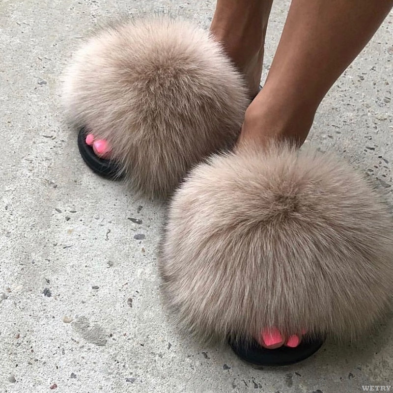 Isobel | Women's Slip On Open Toe Plush Faux Fur Slide Sandals with Comfort Fit