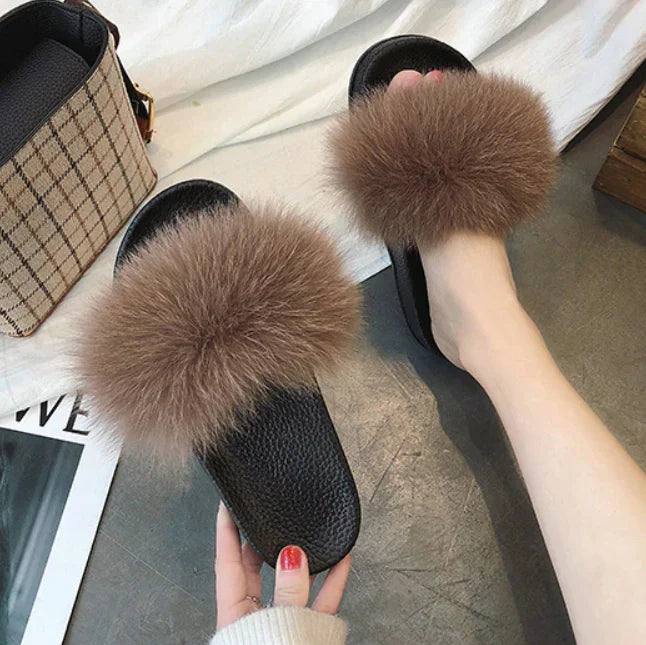 Isobel | Women's Slip On Open Toe Plush Faux Fur Slide Sandals with Comfort Fit