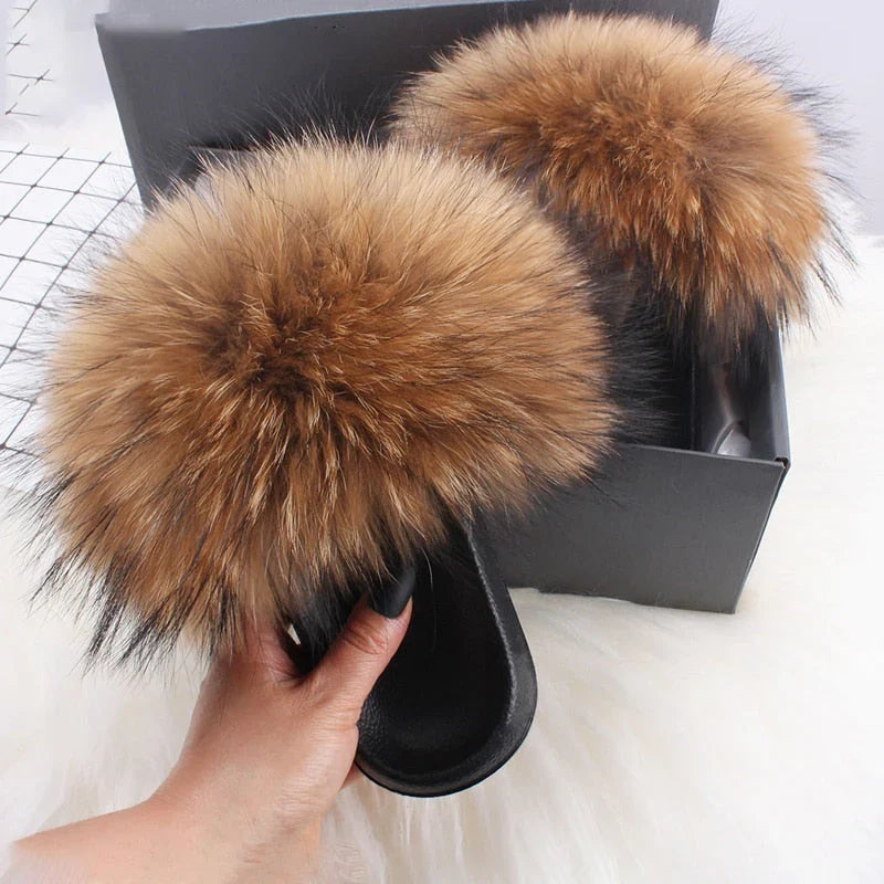 Isobel | Women's Slip On Open Toe Plush Faux Fur Slide Sandals with Comfort Fit