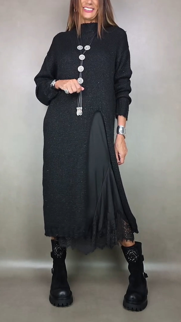 Women's Knit Two Piece Set with Mock Neck Sweater | Flowing Slip Dress, Lace Hem, Midi Length | Sizes S-3XL, 5 Colors