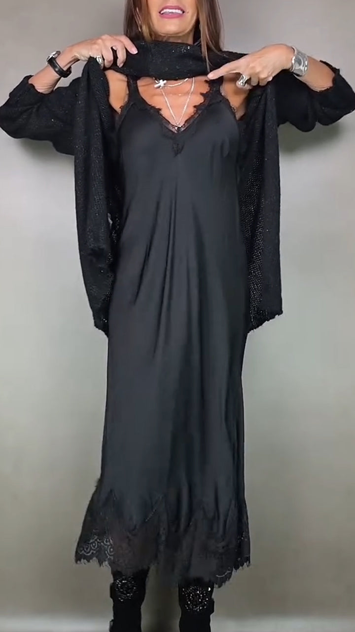 Women's Knit Two Piece Set with Mock Neck Sweater | Flowing Slip Dress, Lace Hem, Midi Length | Sizes S-3XL, 5 Colors