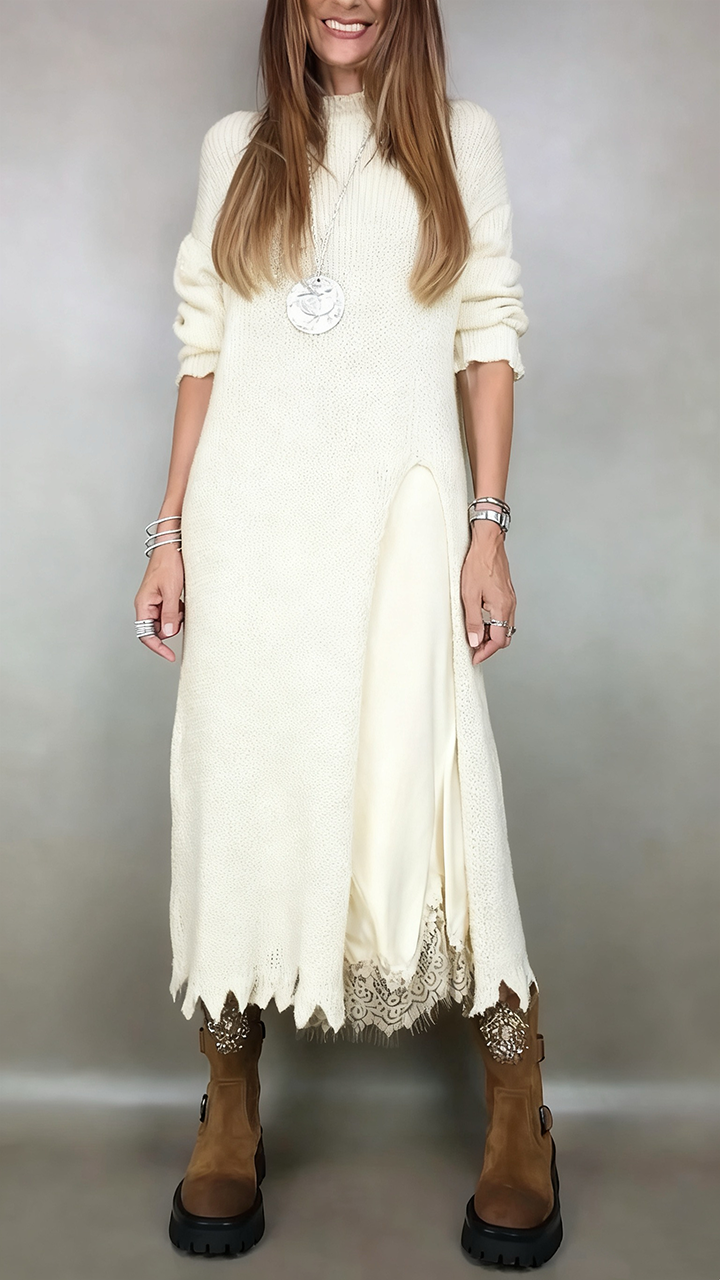 Women's Knit Two Piece Set with Mock Neck Sweater | Flowing Slip Dress, Lace Hem, Midi Length | Sizes S-3XL, 5 Colors