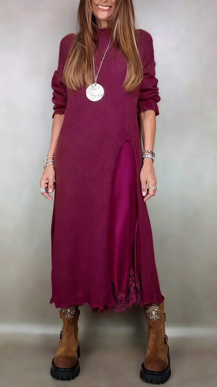 Women's Knit Two Piece Set with Mock Neck Sweater | Flowing Slip Dress, Lace Hem, Midi Length | Sizes S-3XL, 5 Colors