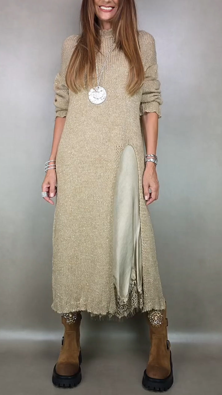 Women's Knit Two Piece Set with Mock Neck Sweater | Flowing Slip Dress, Lace Hem, Midi Length | Sizes S-3XL, 5 Colors
