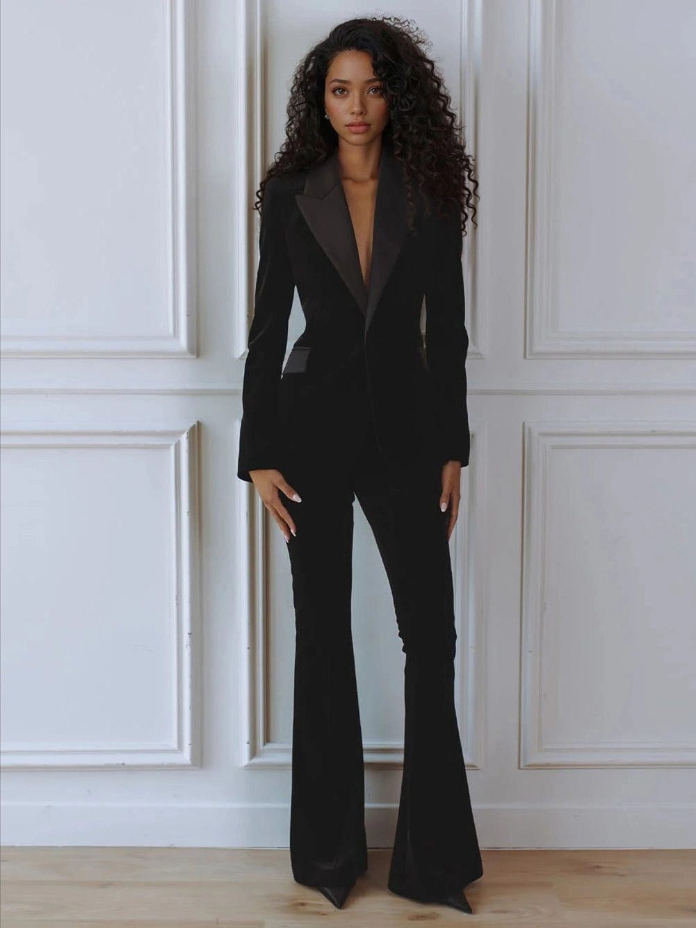 Ivette | Velvet Blazer and Wide Leg Pants Set for Women