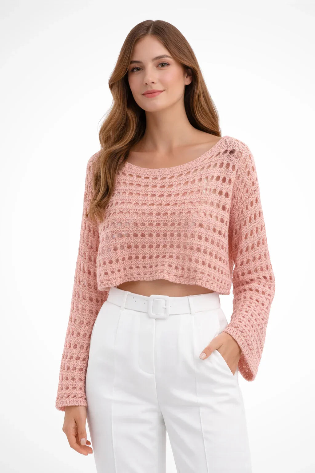 Jacqueline | Women's Crochet Knit Long Sleeve Cropped Top