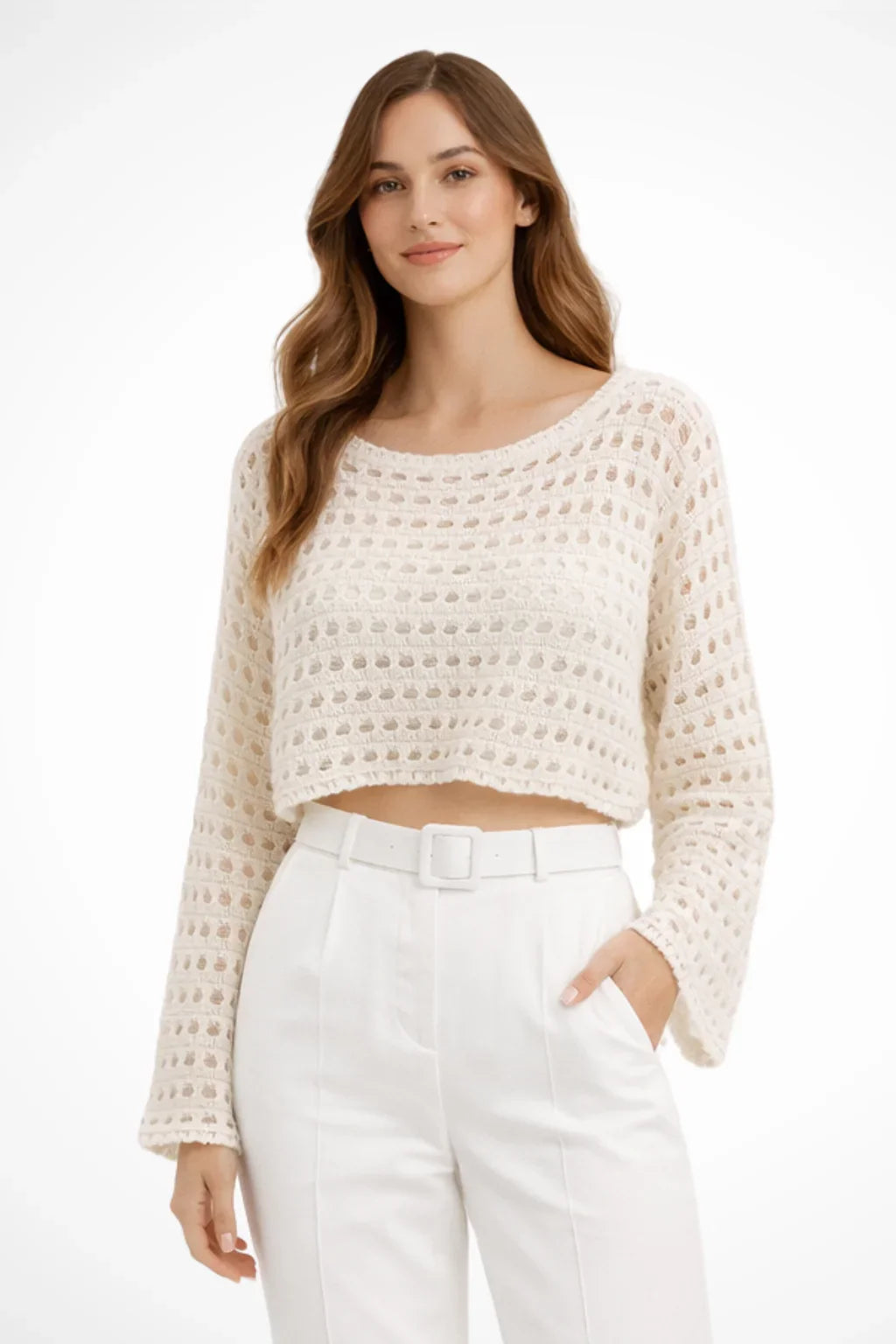 Jacqueline | Women's Crochet Knit Long Sleeve Cropped Top