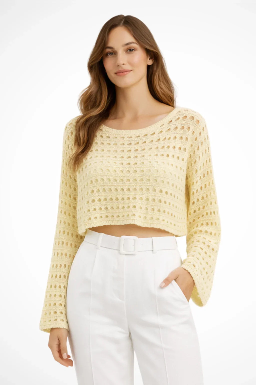 Jacqueline | Women's Crochet Knit Long Sleeve Cropped Top