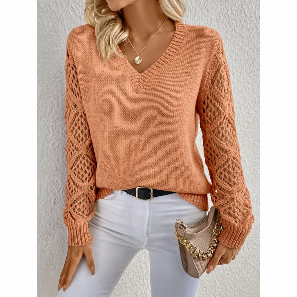 Jade | Knit Sweater with Openwork Sleeves and V-Neck for Women