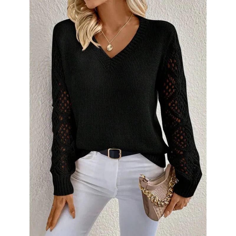 Jade | Knit Sweater with Openwork Sleeves and V-Neck for Women