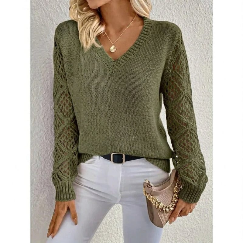Jade | Knit Sweater with Openwork Sleeves and V-Neck for Women