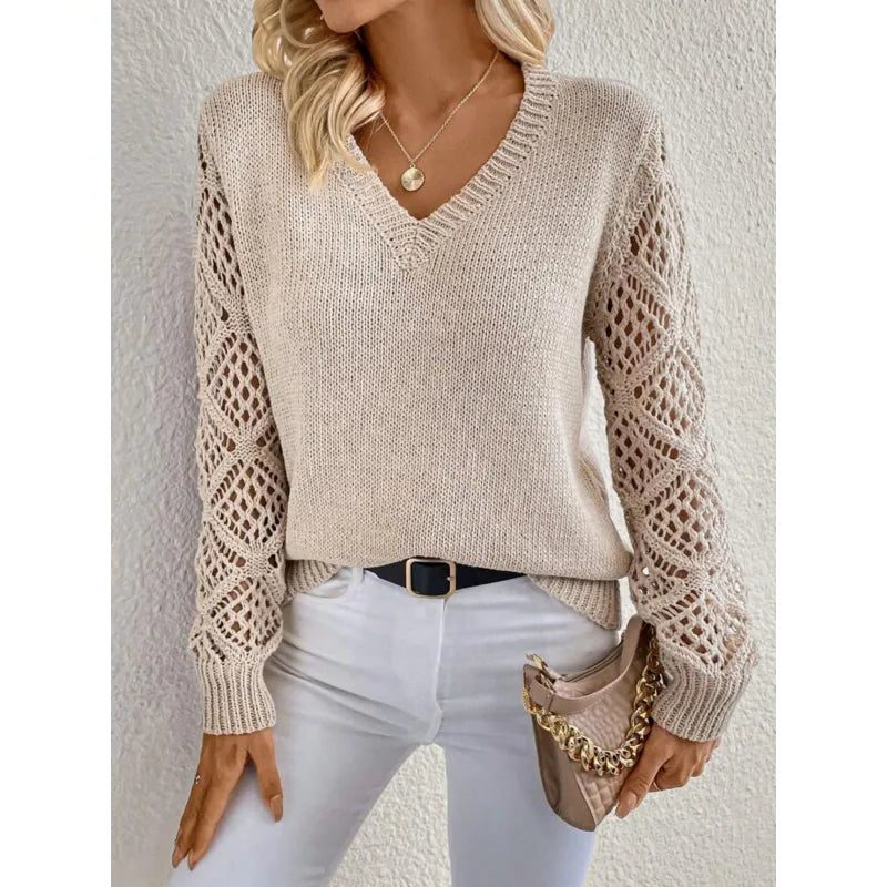 Jade | Knit Sweater with Openwork Sleeves and V-Neck for Women