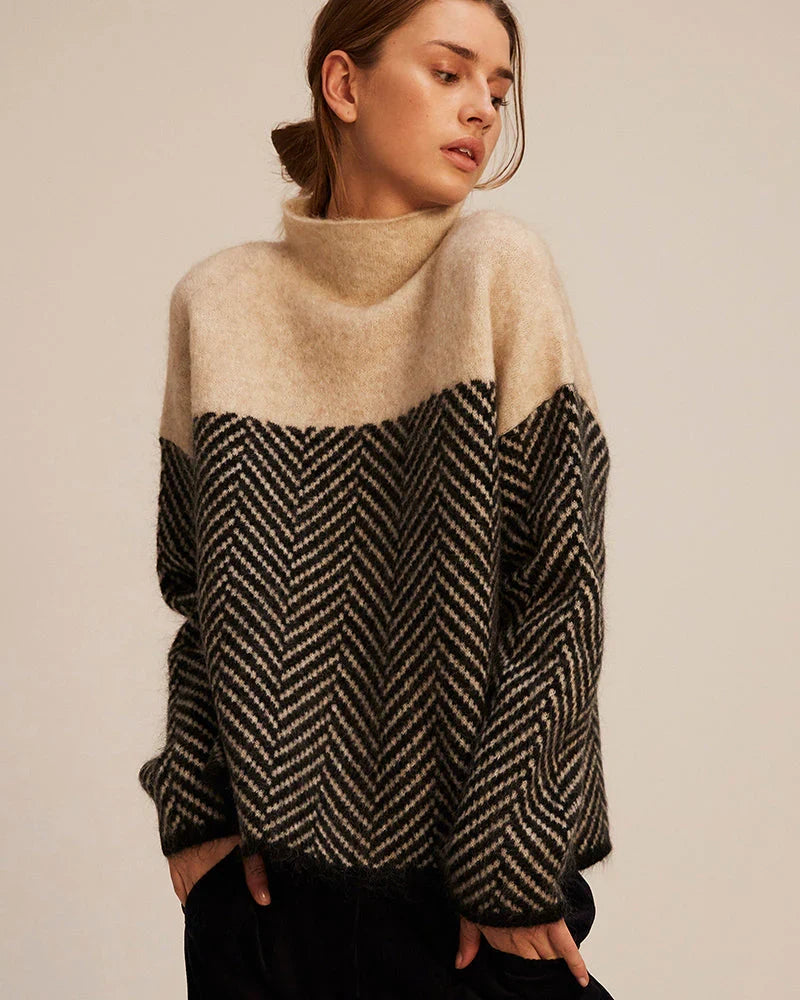 Janet | Women's High Neck Chevron Knit Oversized Sweater