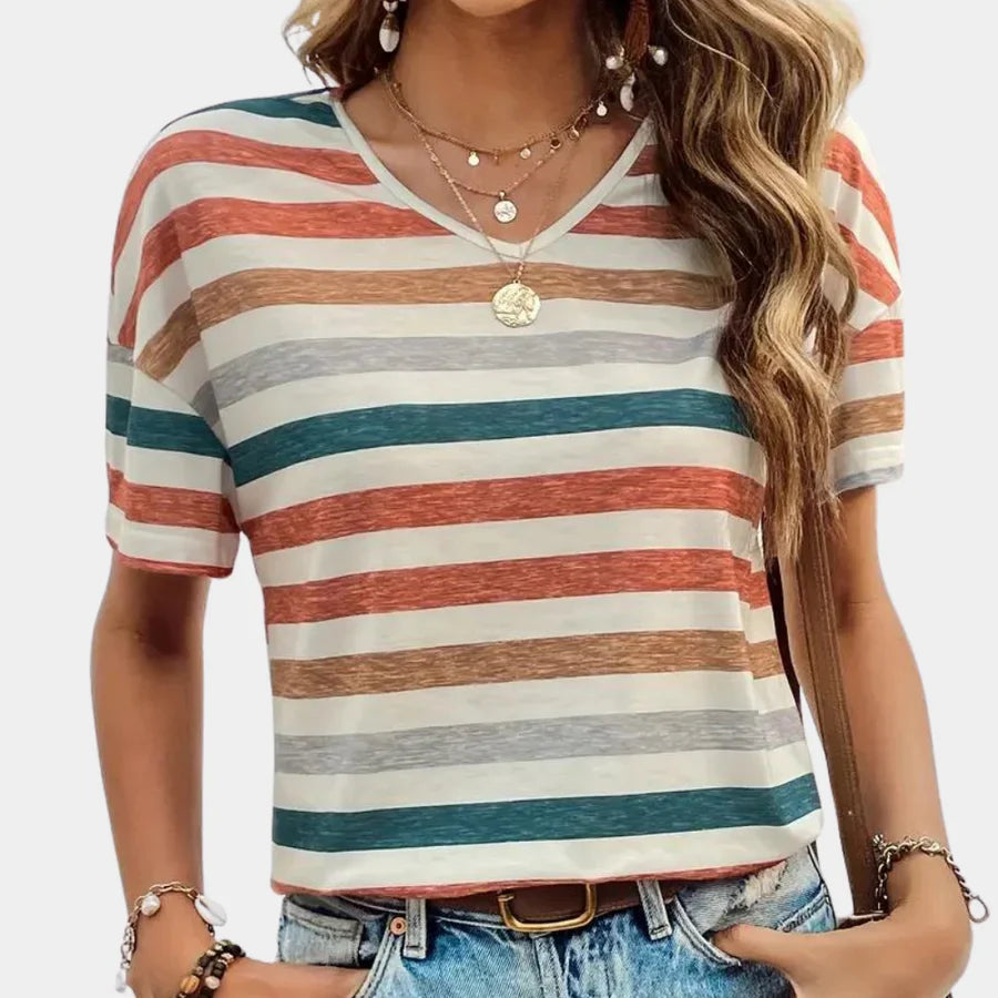 Janet | Women's Summer Striped V-Neck T-Shirt Blouse with Short Sleeves