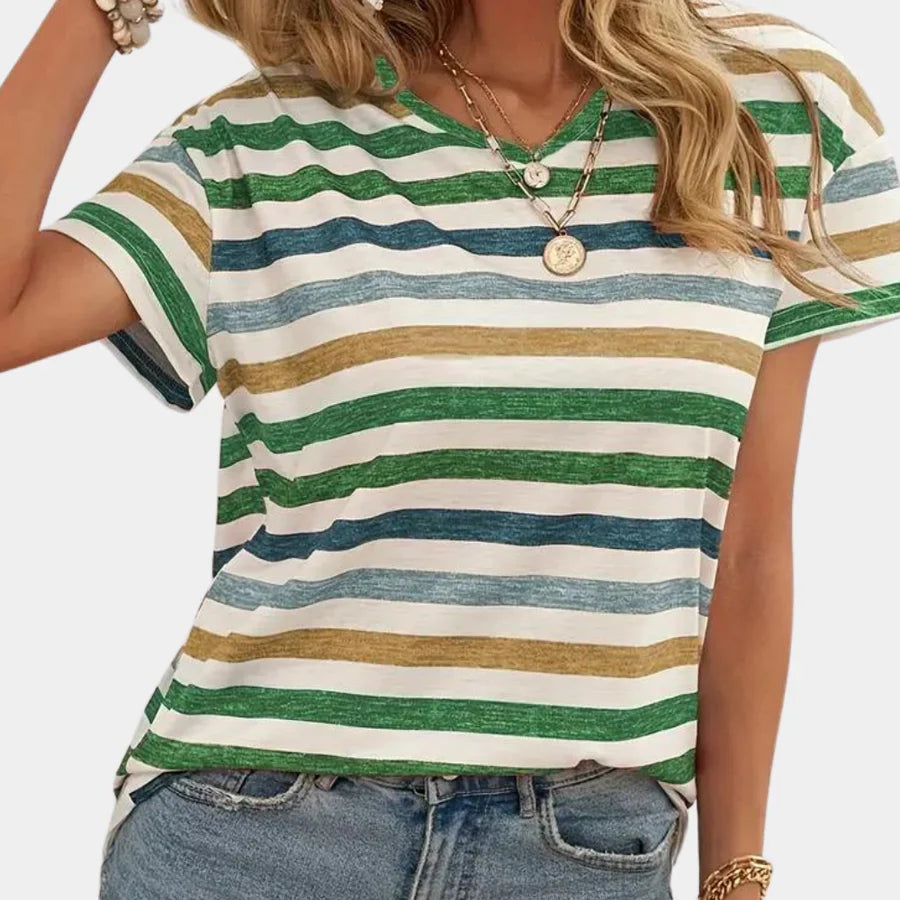 Janet | Women's Summer Striped V-Neck T-Shirt Blouse with Short Sleeves