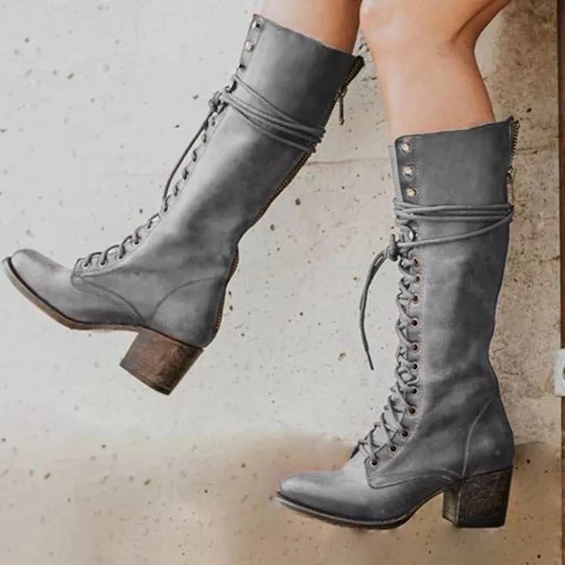 Jaylen | Leather Lace-Up Knee-High Boots with Block Heel for Women