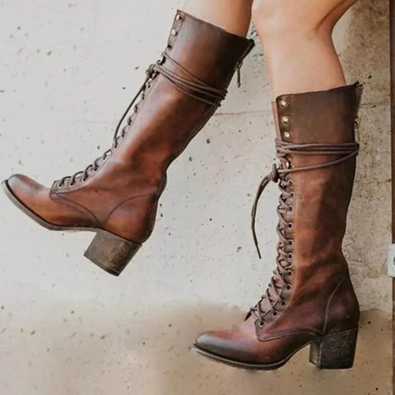 Jaylen | Leather Lace-Up Knee-High Boots with Block Heel for Women