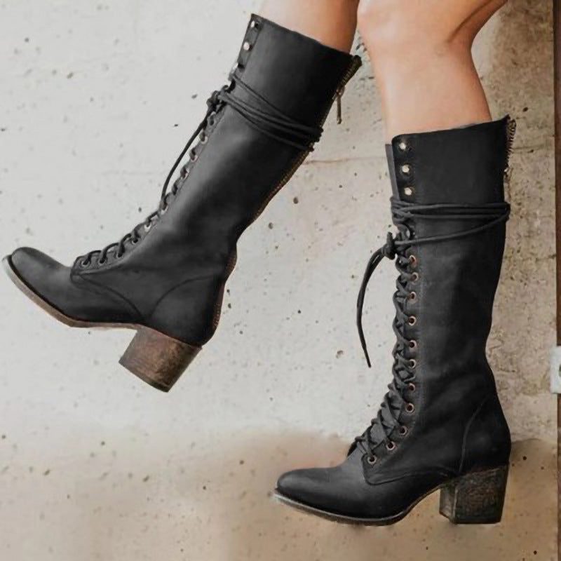 Jaylen | Leather Lace-Up Knee-High Boots with Block Heel for Women