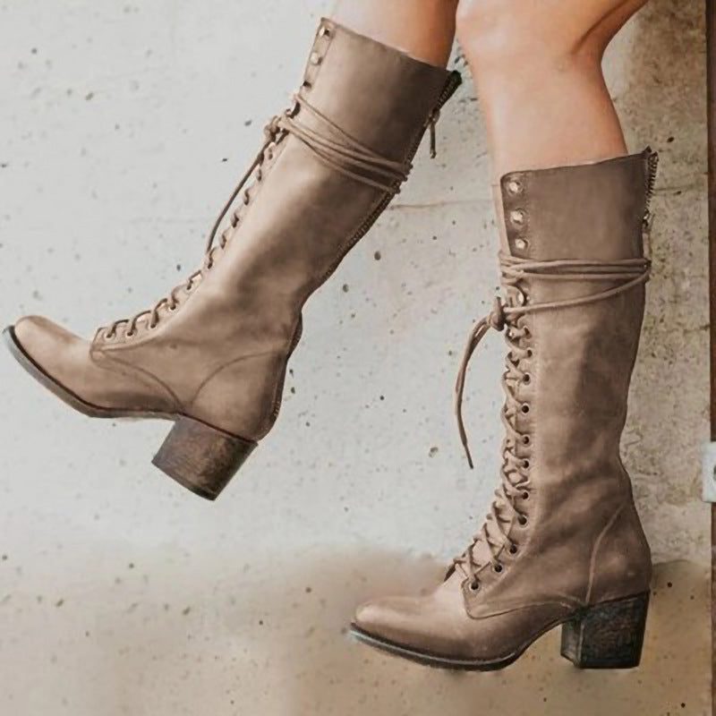Jaylen | Leather Lace-Up Knee-High Boots with Block Heel for Women