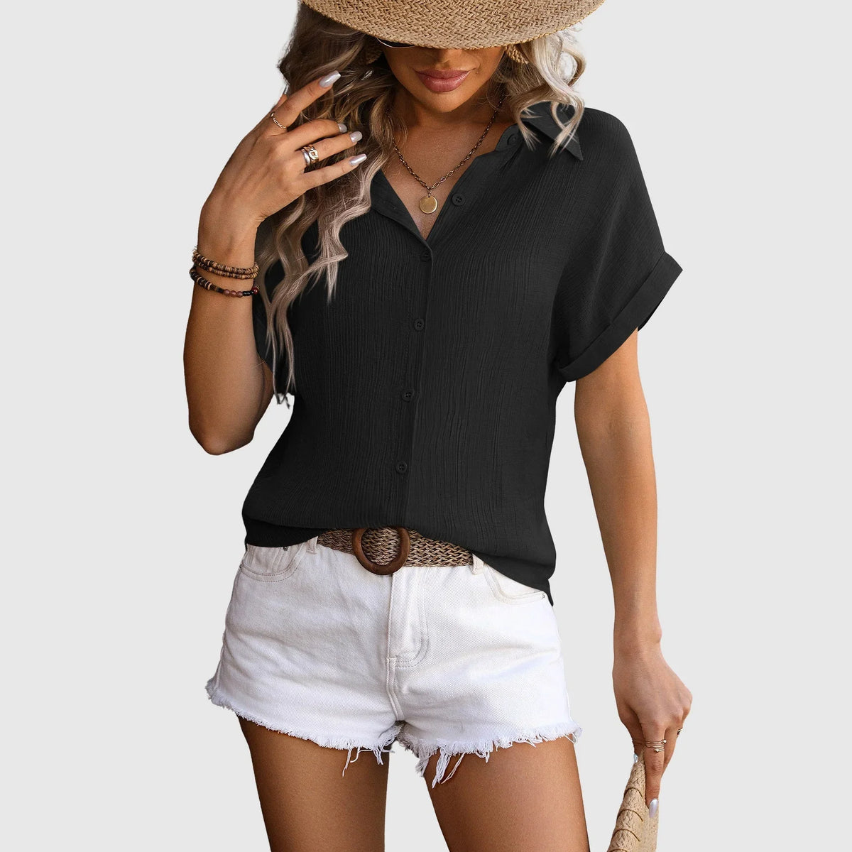 Jean | Women's Button Up Shirt with Short Sleeves and Collared Neck