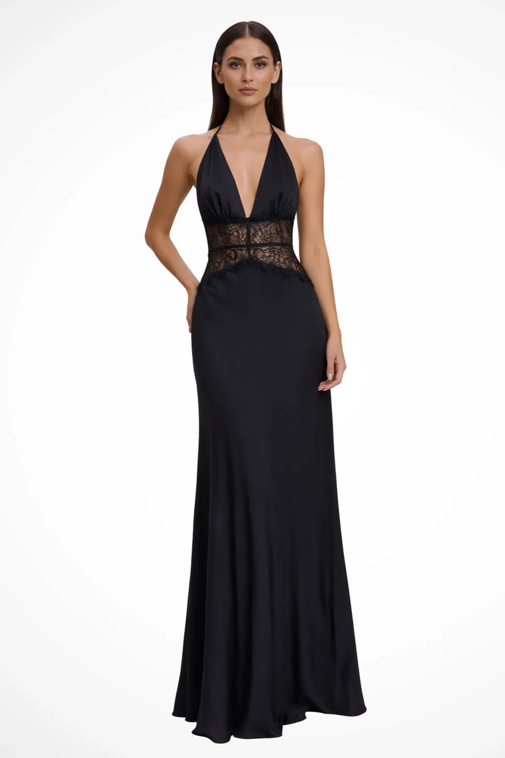 Jessica | Women's Halter Neck Lace Formal Maxi Dress with Deep Plunge