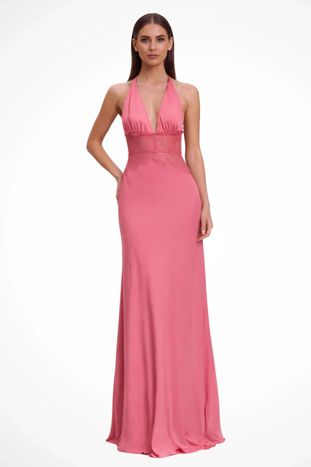 Jessica | Women's Halter Neck Lace Formal Maxi Dress with Deep Plunge