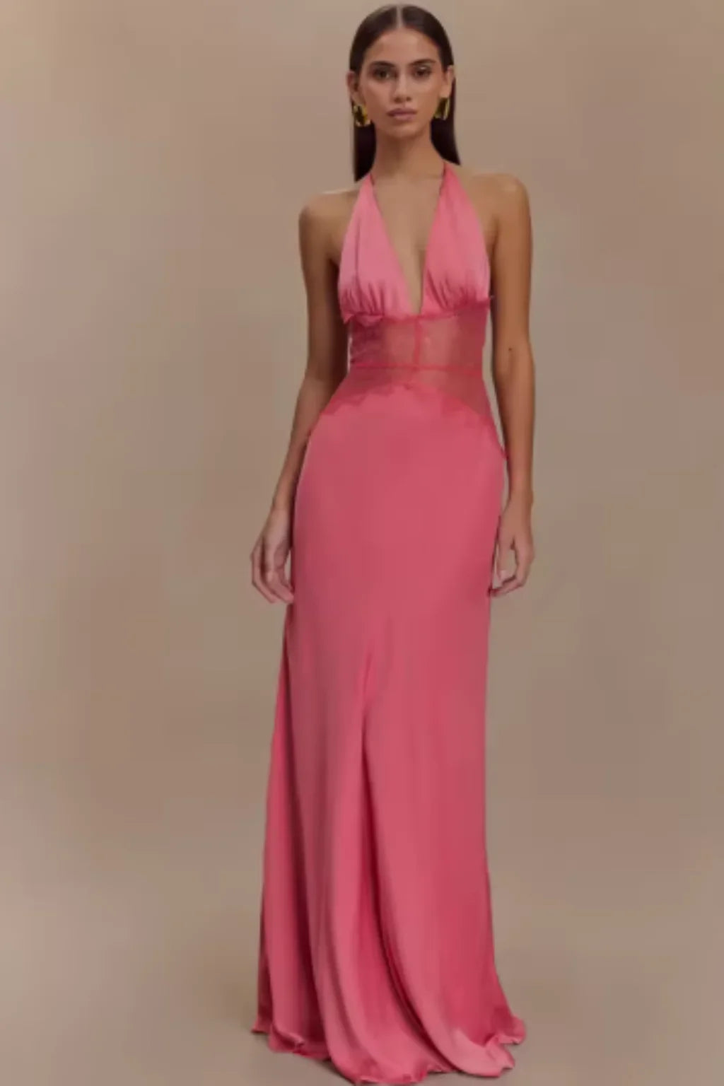 Jessica | Women's Halter Neck Lace Formal Maxi Dress with Deep Plunge