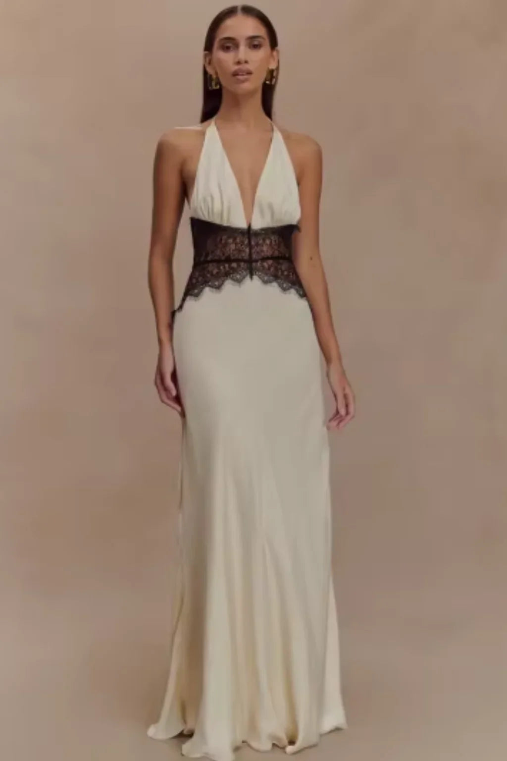 Jessica | Women's Halter Neck Lace Formal Maxi Dress with Deep Plunge