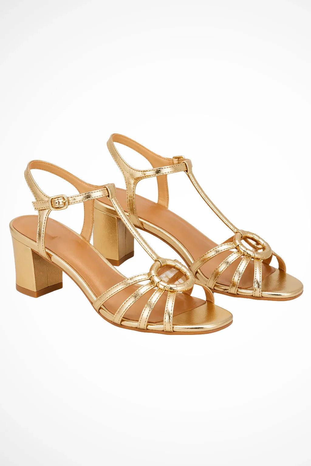 Jessica | Women's Open Toe Gold Block Heel Sandals with Ankle Strap
