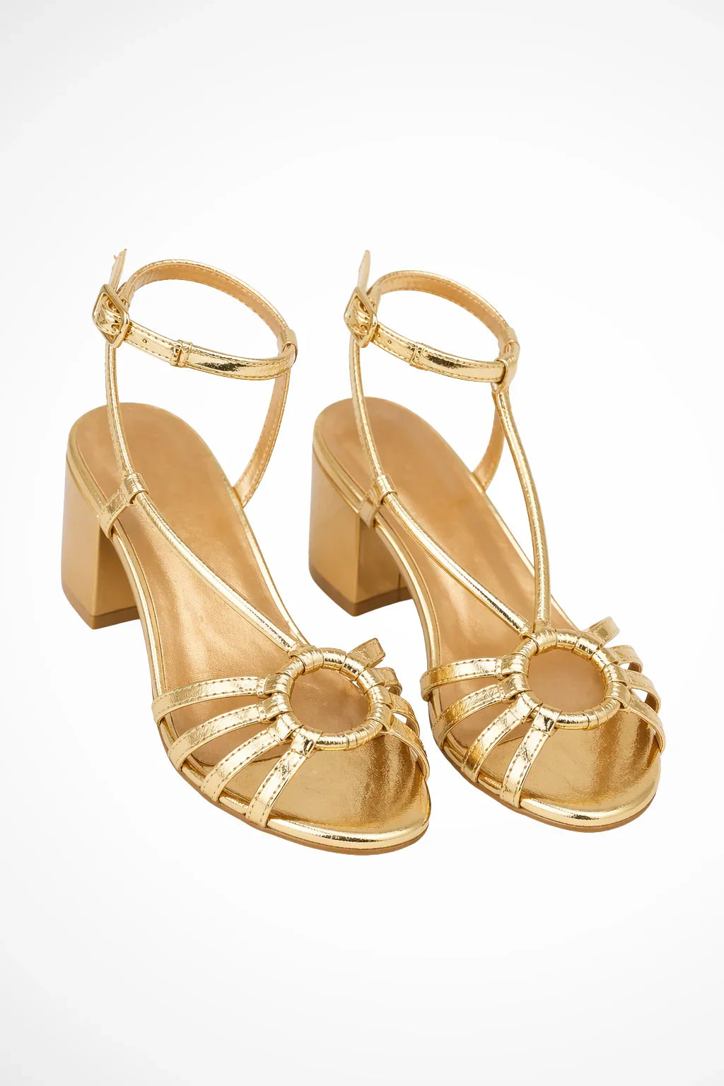 Jessica | Women's Open Toe Gold Block Heel Sandals with Ankle Strap