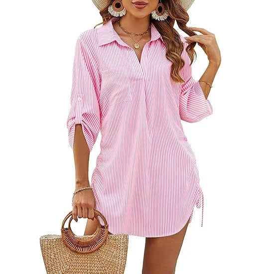 Jessica | Women's Summer Beach Tunic Shirt with Button Down Collar and Ruched Sides