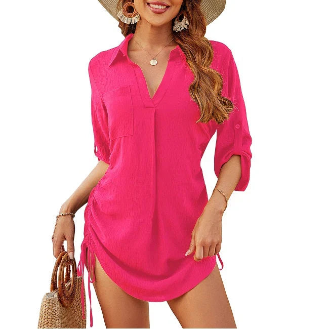Jessica | Women's Summer Beach Tunic Shirt with Button Down Collar and Ruched Sides