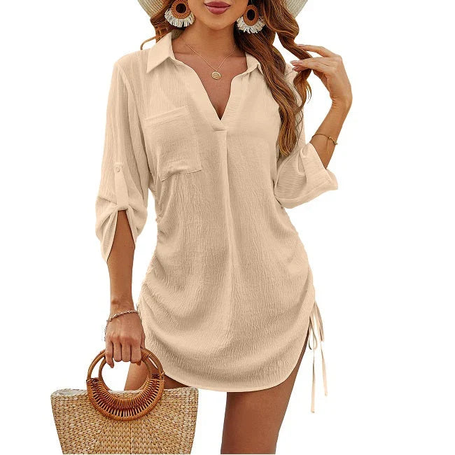 Jessica | Women's Summer Beach Tunic Shirt with Button Down Collar and Ruched Sides