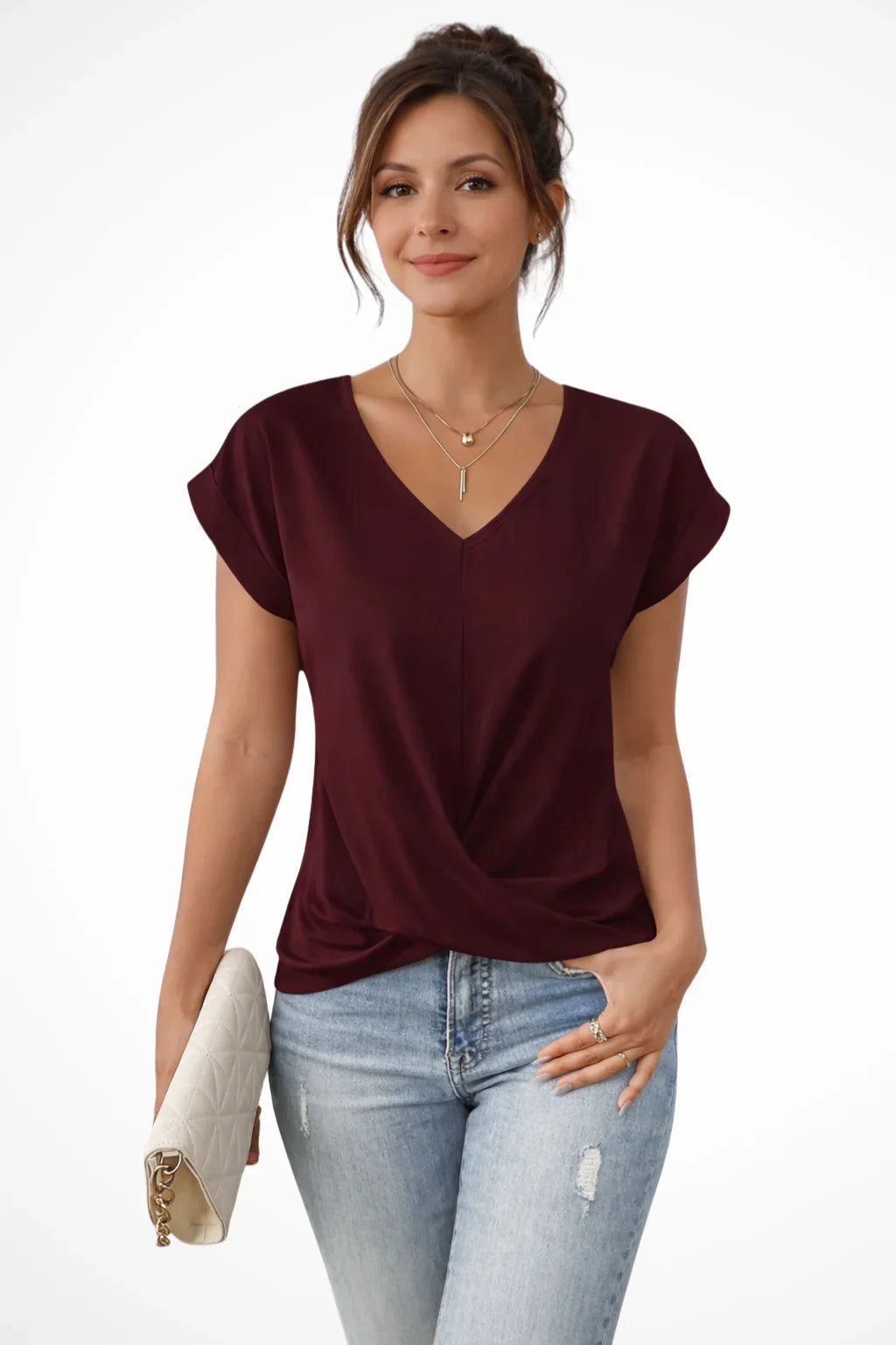 Jessica | Women's Summer V-Neck Twist Front Short Sleeve T-Shirt Blouse