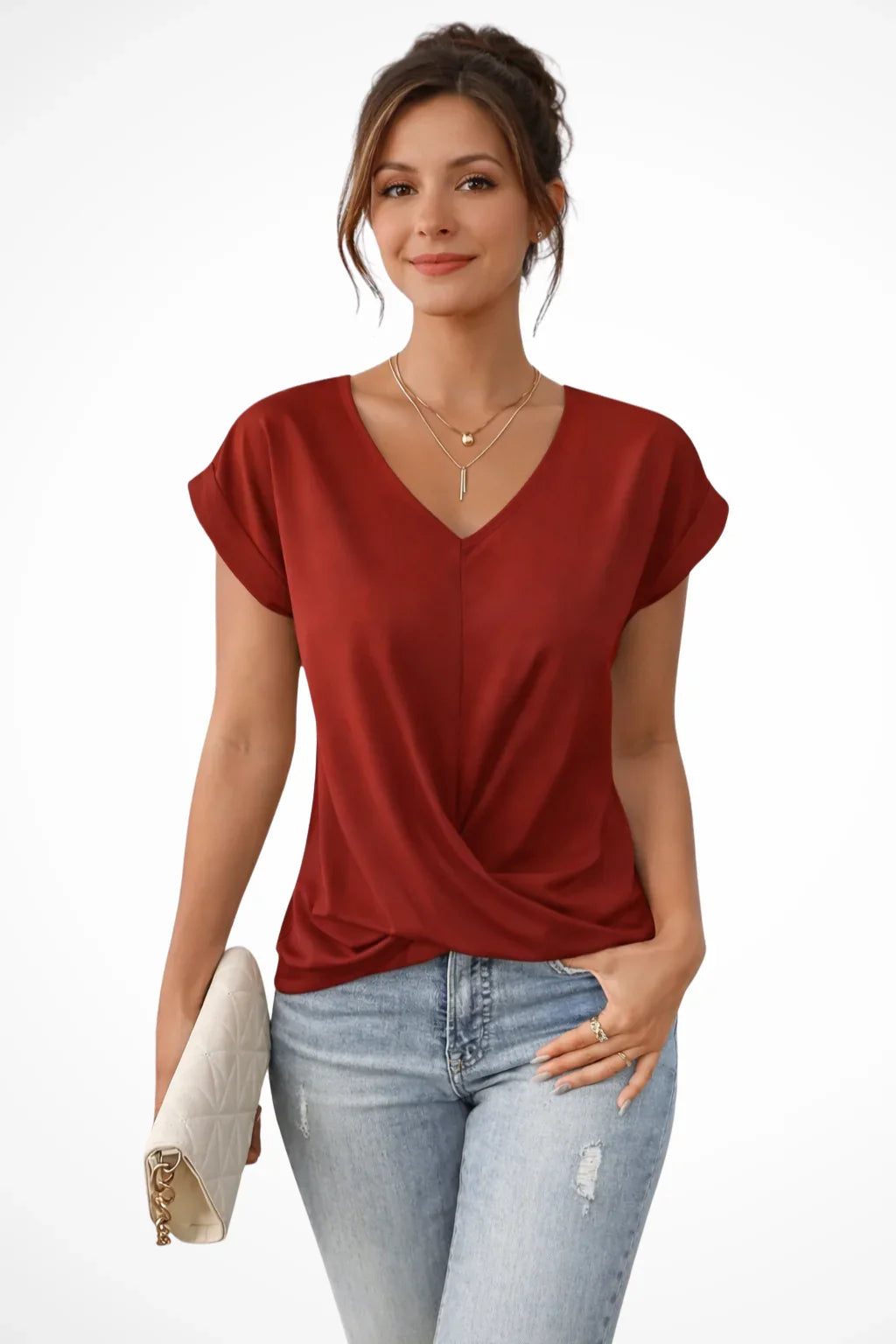 Jessica | Women's Summer V-Neck Twist Front Short Sleeve T-Shirt Blouse