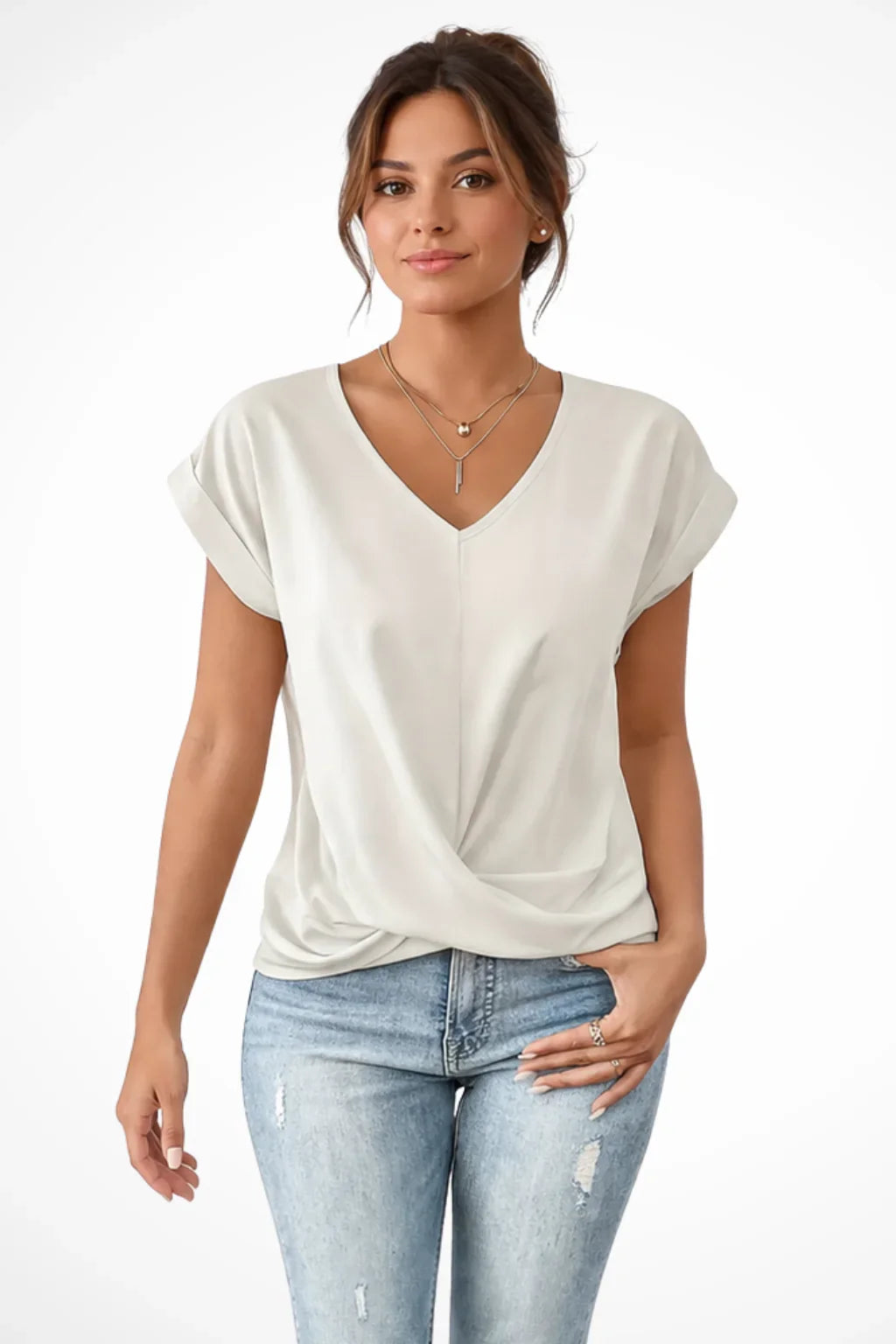 Jessica | Women's Summer V-Neck Twist Front Short Sleeve T-Shirt Blouse