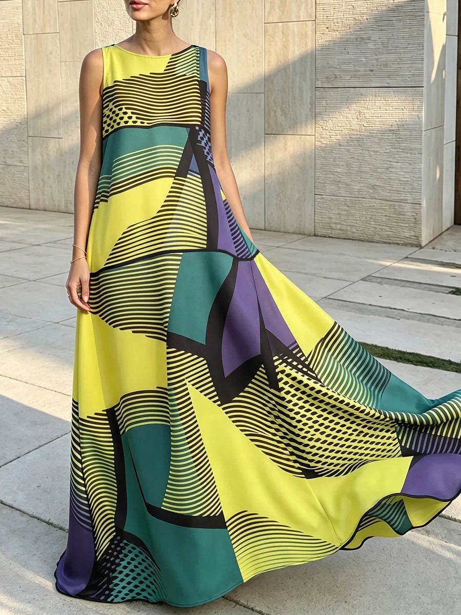 Jessica | Yellow Color Block Summer Maxi Dress with Round Neck and Zipper