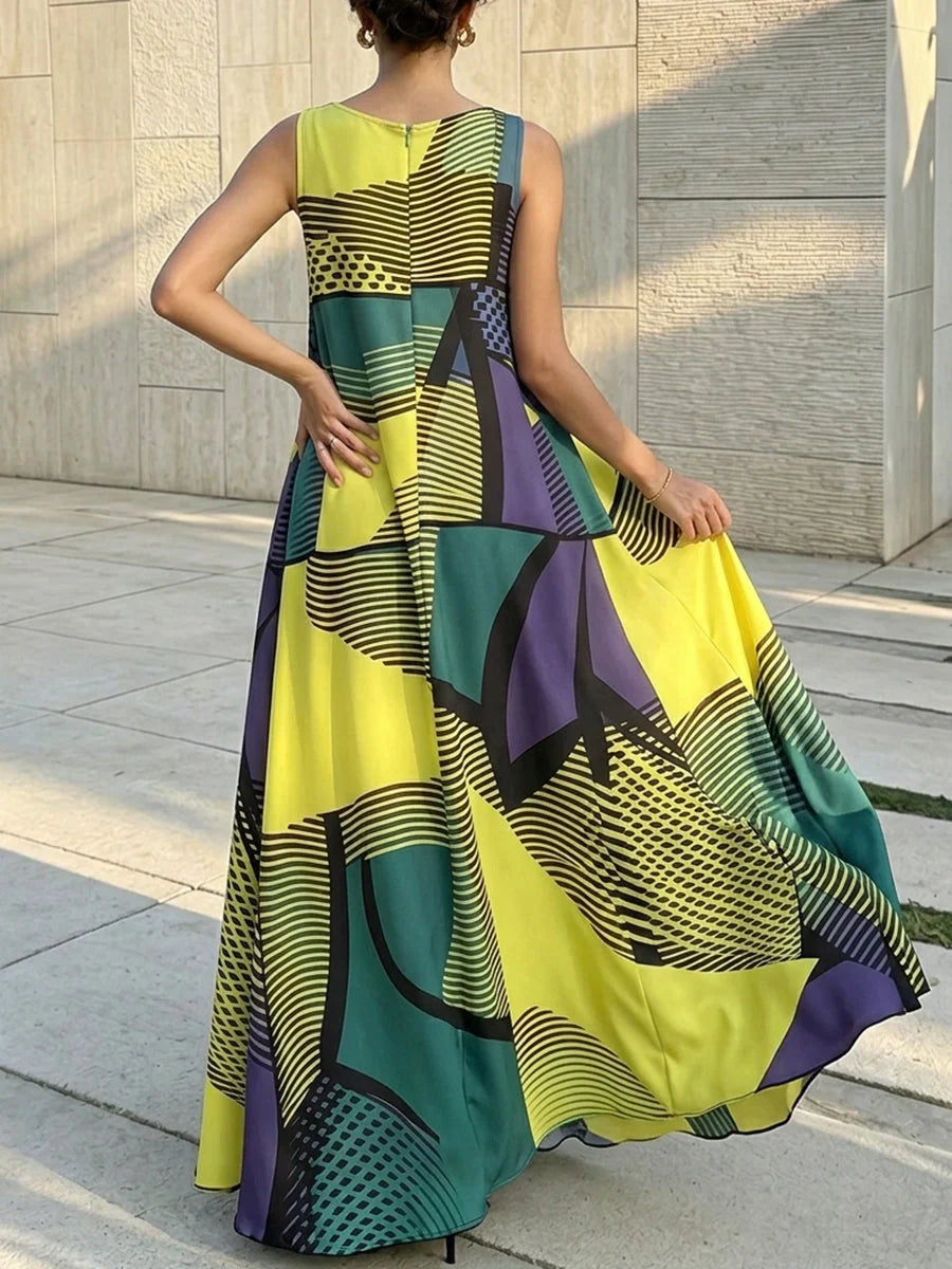 Jessica | Yellow Color Block Summer Maxi Dress with Round Neck and Zipper