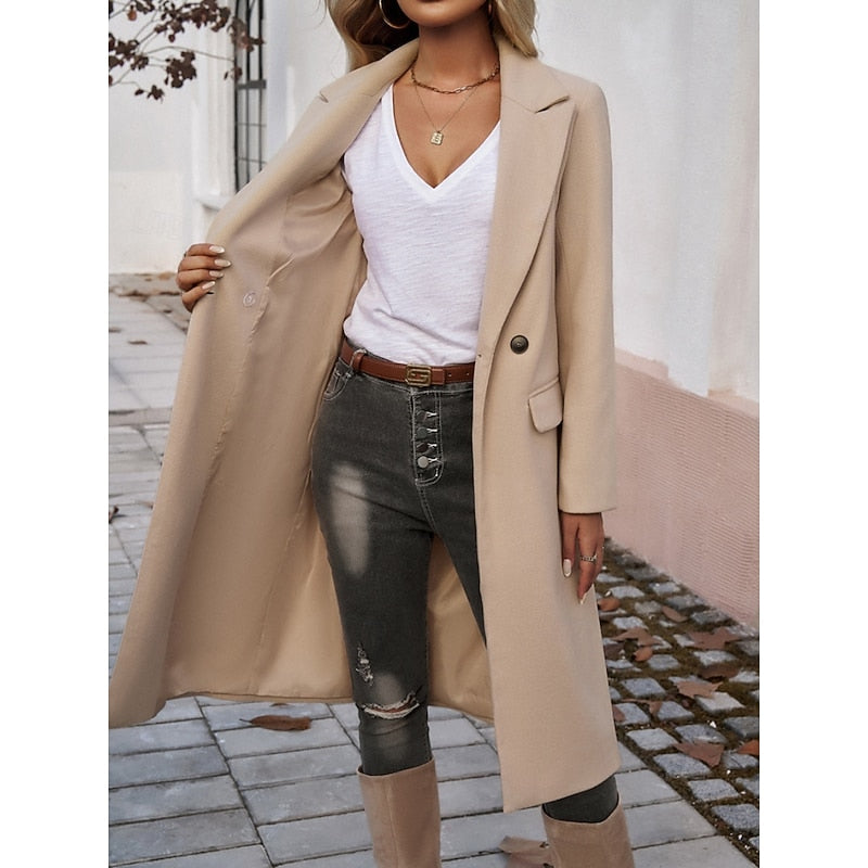 Long Women's Coat with Down Filling and Button Front | Breathable Fabric, Pockets | For Winter | Size S-XL