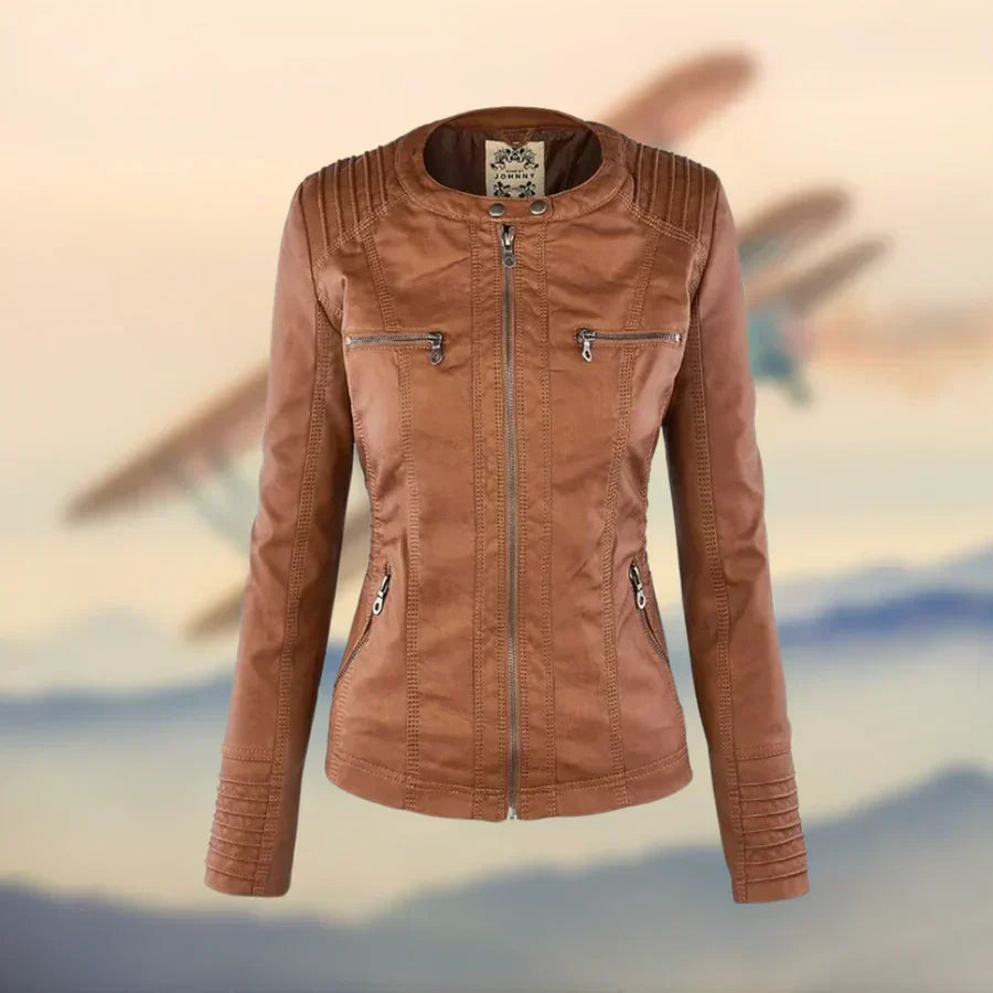 Joanne | Women's Faux Leather Up Jacket with Detachable Hood and Zip Pockets