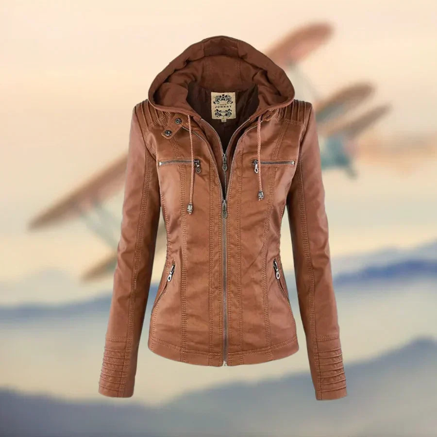 Joanne | Women's Faux Leather Up Jacket with Detachable Hood and Zip Pockets