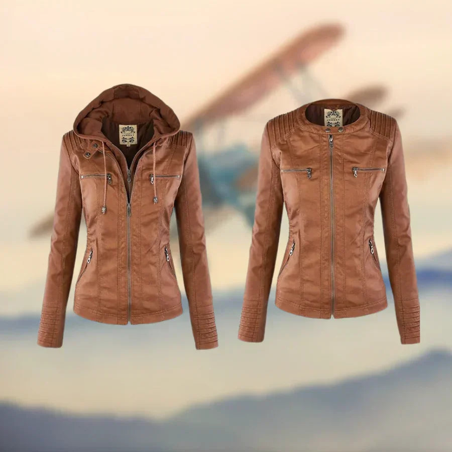 Joanne | Women's Faux Leather Up Jacket with Detachable Hood and Zip Pockets
