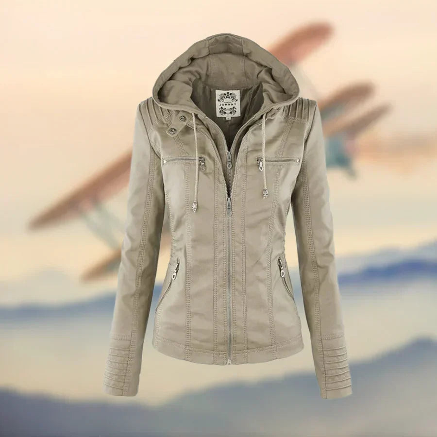 Joanne | Women's Faux Leather Up Jacket with Detachable Hood and Zip Pockets