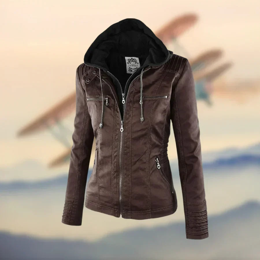 Joanne | Women's Faux Leather Up Jacket with Detachable Hood and Zip Pockets