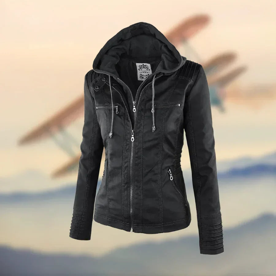 Joanne | Women's Faux Leather Up Jacket with Detachable Hood and Zip Pockets